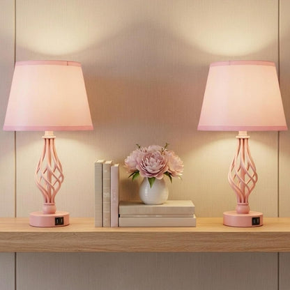 Touch Table Bedside Pink Lamps Set of 2, Nightstand Bedside Nightstand Lamps with USB Type-C Ports, Girls Desk Lamp for Living Room Bedroom Side Table (Pink)