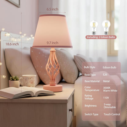 Touch Table Bedside Pink Lamps Set of 2, Nightstand Bedside Nightstand Lamps with USB Type-C Ports, Girls Desk Lamp for Living Room Bedroom Side Table (Pink)