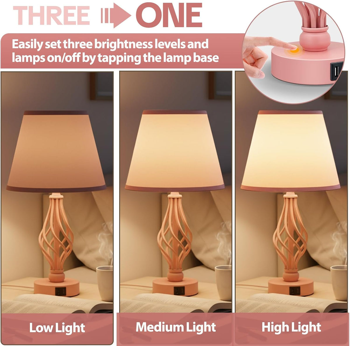 Touch Table Bedside Pink Lamps Set of 2, Nightstand Bedside Nightstand Lamps with USB Type-C Ports, Girls Desk Lamp for Living Room Bedroom Side Table (Pink)