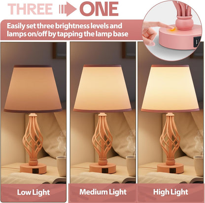 Touch Table Bedside Pink Lamps Set of 2, Nightstand Bedside Nightstand Lamps with USB Type-C Ports, Girls Desk Lamp for Living Room Bedroom Side Table (Pink)