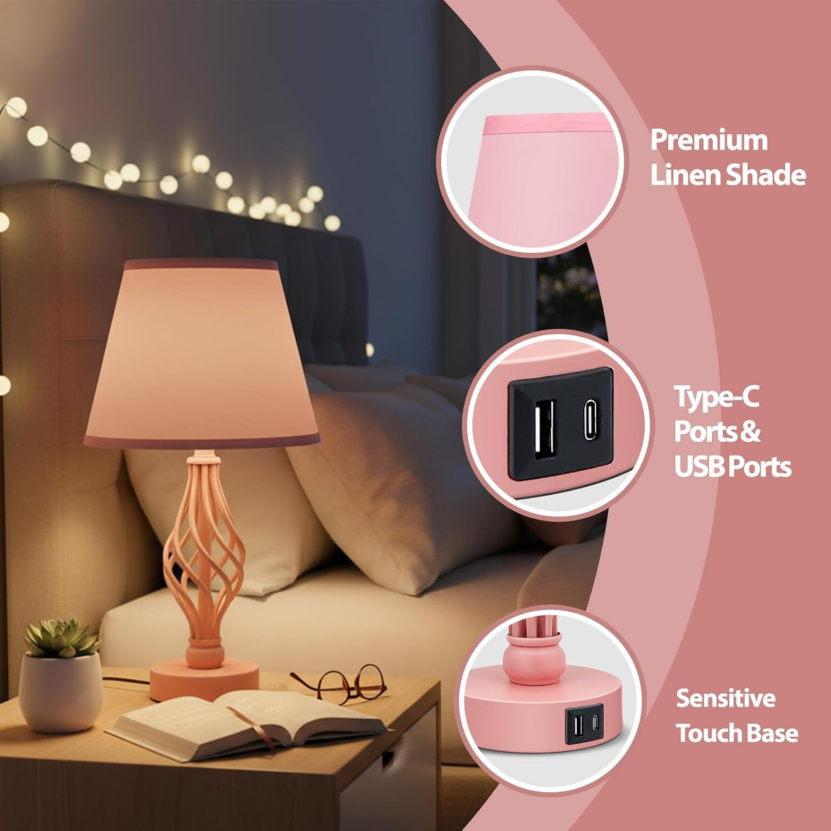 Touch Table Bedside Pink Lamps Set of 2, Nightstand Bedside Nightstand Lamps with USB Type-C Ports, Girls Desk Lamp for Living Room Bedroom Side Table (Pink)