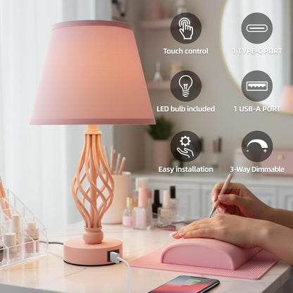 Touch Table Bedside Pink Lamps Set of 2, Nightstand Bedside Nightstand Lamps with USB Type-C Ports, Girls Desk Lamp for Living Room Bedroom Side Table (Pink)