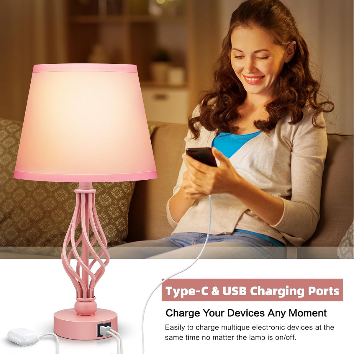 Touch Table Bedside Pink Lamps Set of 2, Nightstand Bedside Nightstand Lamps with USB Type-C Ports, Girls Desk Lamp for Living Room Bedroom Side Table (Pink)