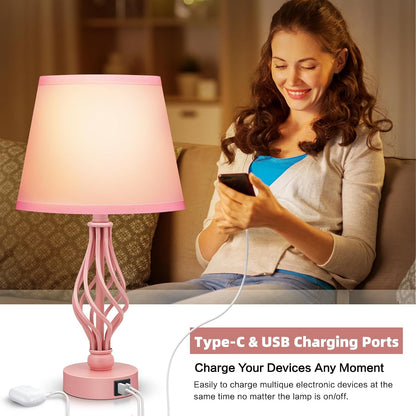 Touch Table Bedside Pink Lamps Set of 2, Nightstand Bedside Nightstand Lamps with USB Type-C Ports, Girls Desk Lamp for Living Room Bedroom Side Table (Pink)