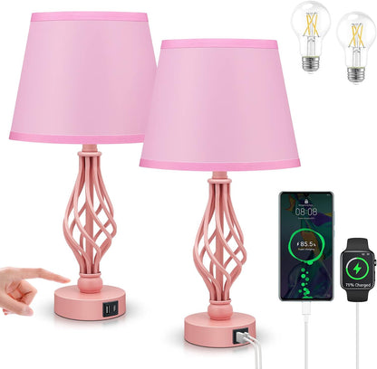 Touch Table Bedside Pink Lamps Set of 2, Nightstand Bedside Nightstand Lamps with USB Type-C Ports, Girls Desk Lamp for Living Room Bedroom Side Table (Pink)