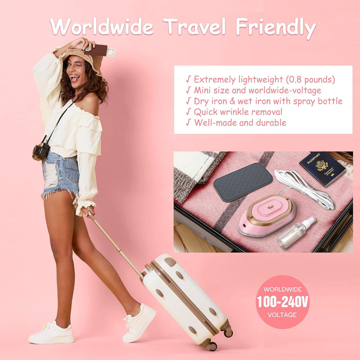 Travel Iron Set, 100-240V Mini Dry Iron for Clothes (No Steam)