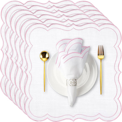 Hahafelt 6 Set Cloth Napkins 18x18inches Scalloped Embroidery Cloth Napkins Washable Polyester Table Dinner for Hotel Restaurant Weddings Events Parties (Light Pink)