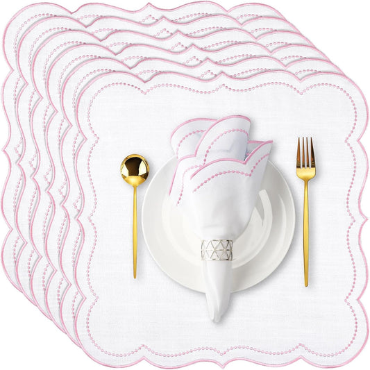 Hahafelt 6 Set Cloth Napkins 18x18inches Scalloped Embroidery Cloth Napkins Washable Polyester Table Dinner for Hotel Restaurant Weddings Events Parties (Light Pink)