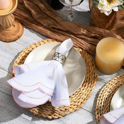 Hahafelt 6 Set Cloth Napkins 18x18inches Scalloped Embroidery Cloth Napkins Washable Polyester Table Dinner for Hotel Restaurant Weddings Events Parties (Light Pink)