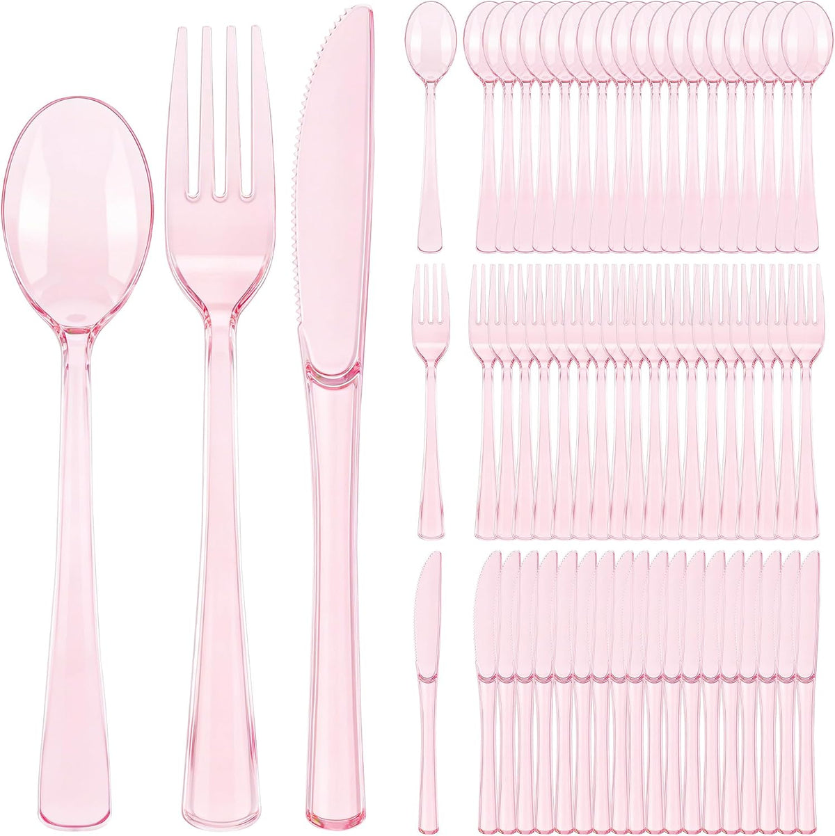 300 Piece Disposable Clear Pink Utensil Set Plastic Silverware Heavy Duty Cutlery Set Serves 100 Guests Forks Knives Spoons for Home Wedding Birthday Party Picnics Bride Shower Outdoor Events