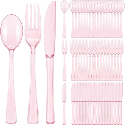 300 Piece Disposable Clear Pink Utensil Set Plastic Silverware Heavy Duty Cutlery Set Serves 100 Guests Forks Knives Spoons for Home Wedding Birthday Party Picnics Bride Shower Outdoor Events