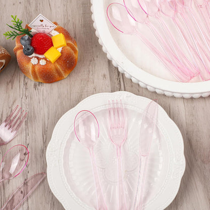300 Piece Disposable Clear Pink Utensil Set Plastic Silverware Heavy Duty Cutlery Set Serves 100 Guests Forks Knives Spoons for Home Wedding Birthday Party Picnics Bride Shower Outdoor Events