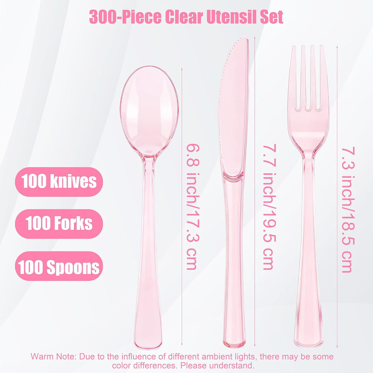 300 Piece Disposable Clear Pink Utensil Set Plastic Silverware Heavy Duty Cutlery Set Serves 100 Guests Forks Knives Spoons for Home Wedding Birthday Party Picnics Bride Shower Outdoor Events