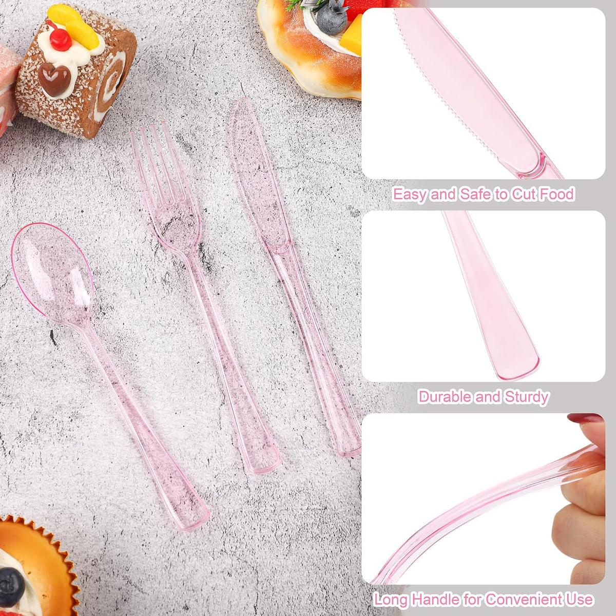 300 Piece Disposable Clear Pink Utensil Set Plastic Silverware Heavy Duty Cutlery Set Serves 100 Guests Forks Knives Spoons for Home Wedding Birthday Party Picnics Bride Shower Outdoor Events