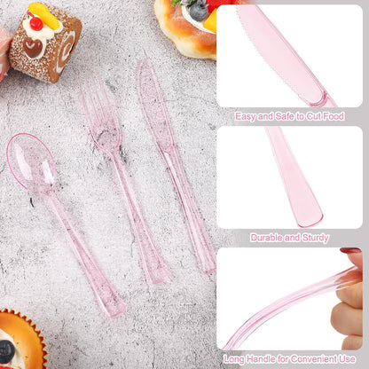 300 Piece Disposable Clear Pink Utensil Set Plastic Silverware Heavy Duty Cutlery Set Serves 100 Guests Forks Knives Spoons for Home Wedding Birthday Party Picnics Bride Shower Outdoor Events