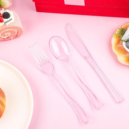 300 Piece Disposable Clear Pink Utensil Set Plastic Silverware Heavy Duty Cutlery Set Serves 100 Guests Forks Knives Spoons for Home Wedding Birthday Party Picnics Bride Shower Outdoor Events