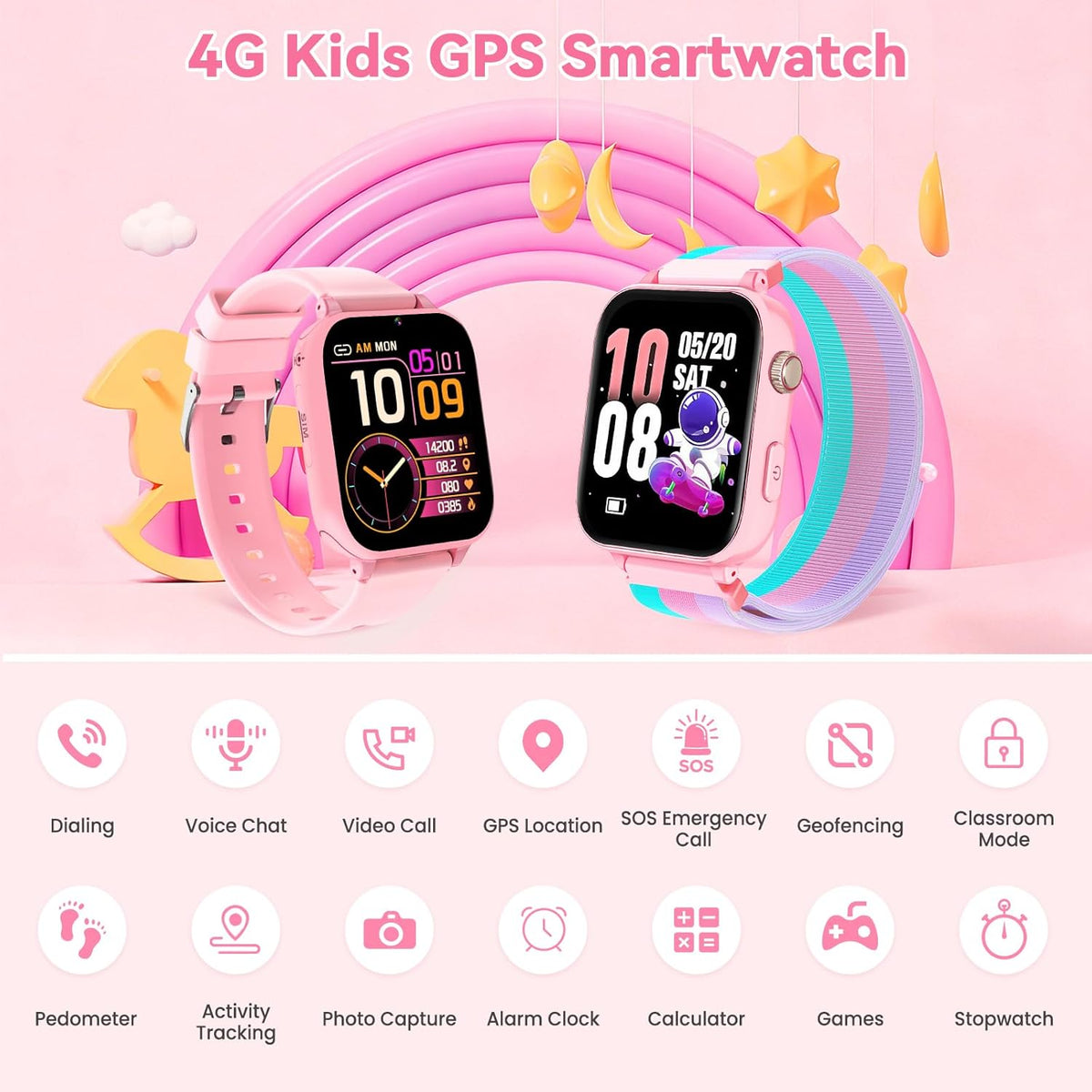 4G Kids Smart Watch Phone GPS, Smartwatch for Boys Girls Ages 4-12 Years with Video Call Chat Class Mode SOS Camera Alarm Games Parental App Touch Watch Gifts for Children (Includes SIM Card) Pink