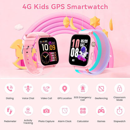 4G Kids Smart Watch Phone GPS, Smartwatch for Boys Girls Ages 4-12 Years with Video Call Chat Class Mode SOS Camera Alarm Games Parental App Touch Watch Gifts for Children (Includes SIM Card) Pink