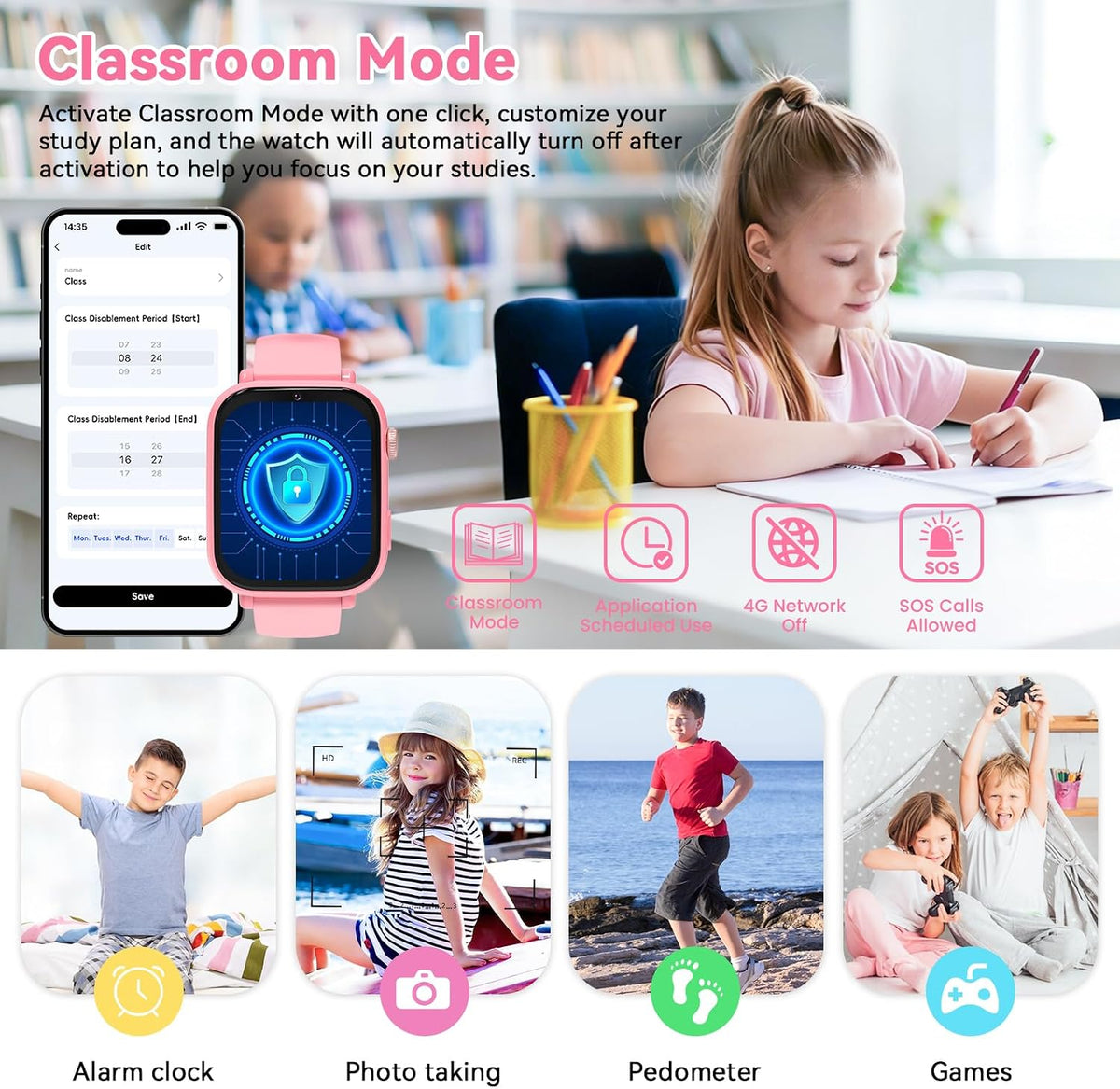 4G Kids Smart Watch Phone GPS, Smartwatch for Boys Girls Ages 4-12 Years with Video Call Chat Class Mode SOS Camera Alarm Games Parental App Touch Watch Gifts for Children (Includes SIM Card) Pink