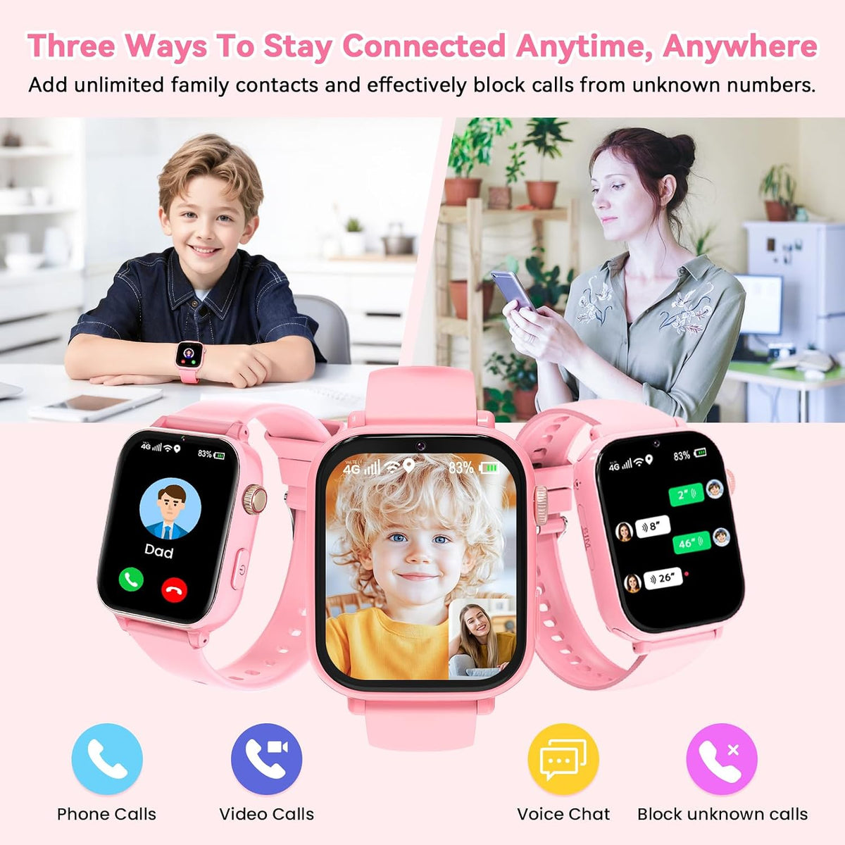 4G Kids Smart Watch Phone GPS, Smartwatch for Boys Girls Ages 4-12 Years with Video Call Chat Class Mode SOS Camera Alarm Games Parental App Touch Watch Gifts for Children (Includes SIM Card) Pink