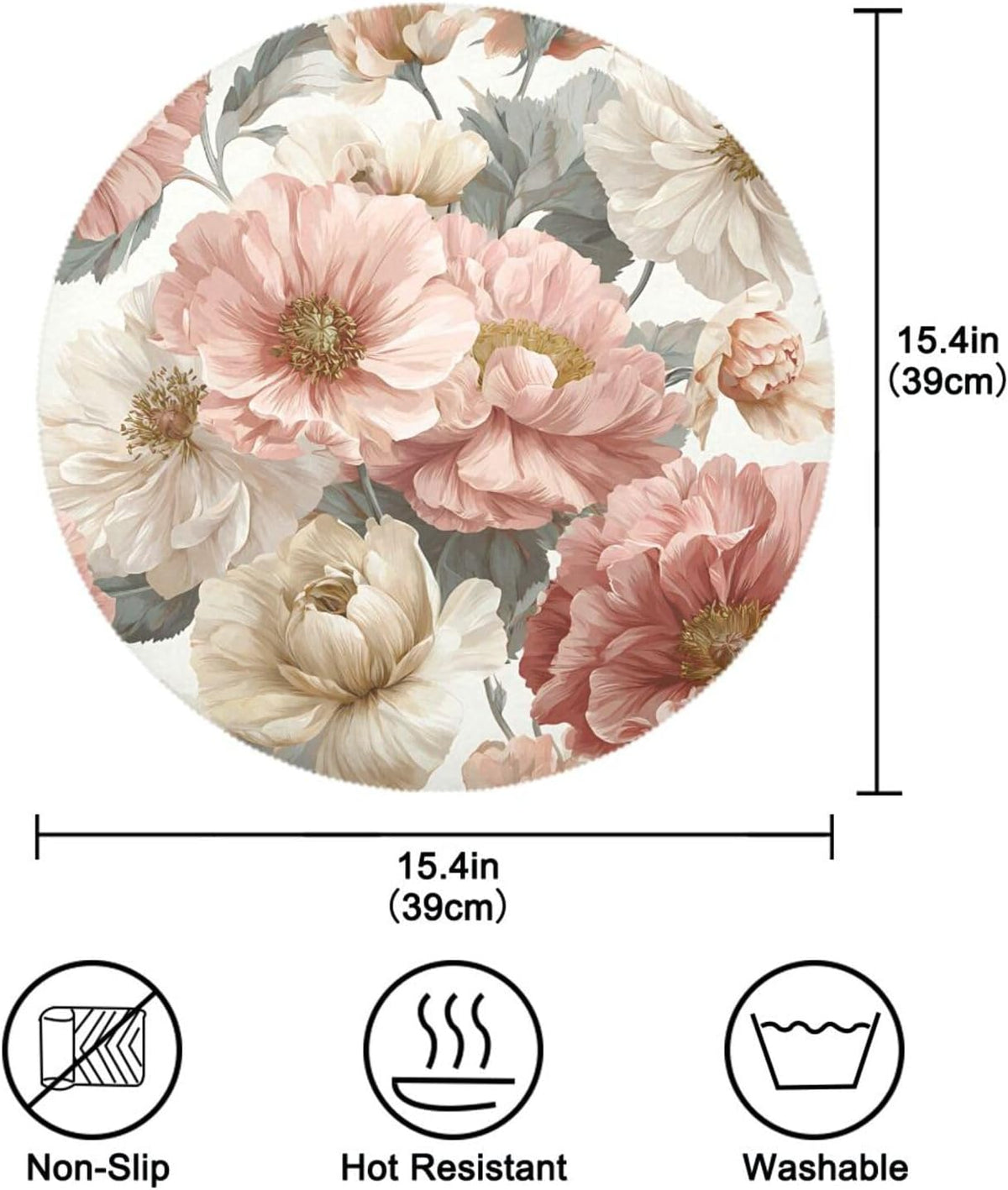 xmyzcd Round Placemats Set of 4, Vintage Floral Pattern in Pastel Pinkish and Peach Place Mats Washable Table Mats for Kitchen Dining Table Heat Insulation 15.4 Inch