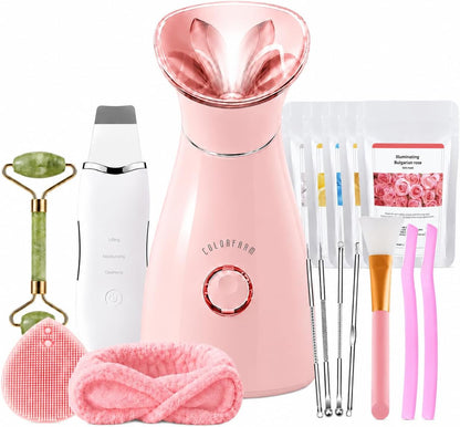 Nano Ionic Facial Steamer Kit with 17 Skin Care Tools for Home Spa