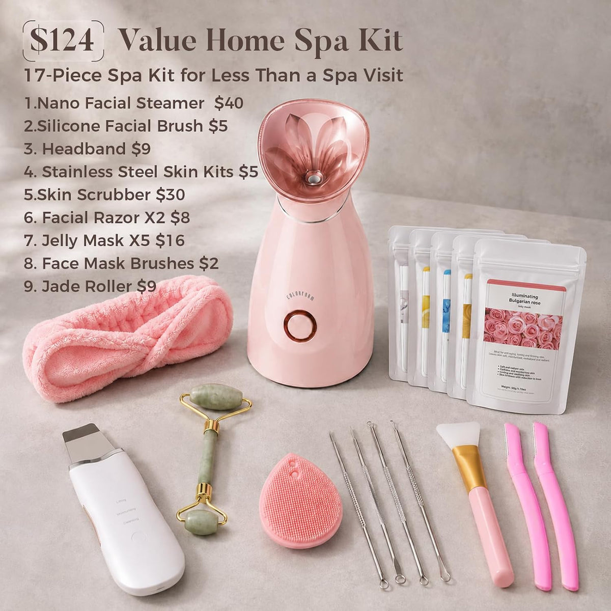 Nano Ionic Facial Steamer Kit with 17 Skin Care Tools for Home Spa