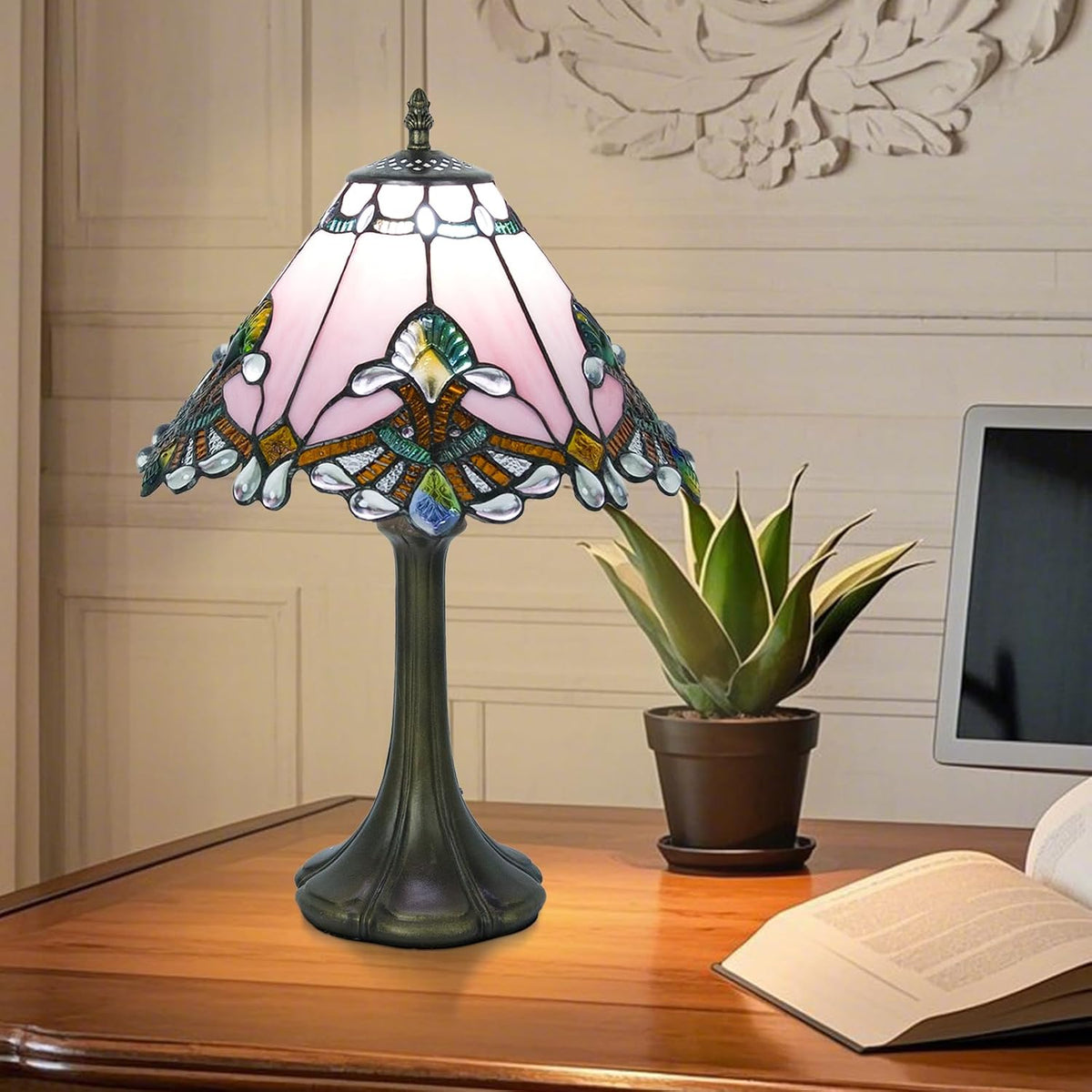 12 inch Tiffany Table Lamp, Pink Baroque Style Stained Glass Lamp