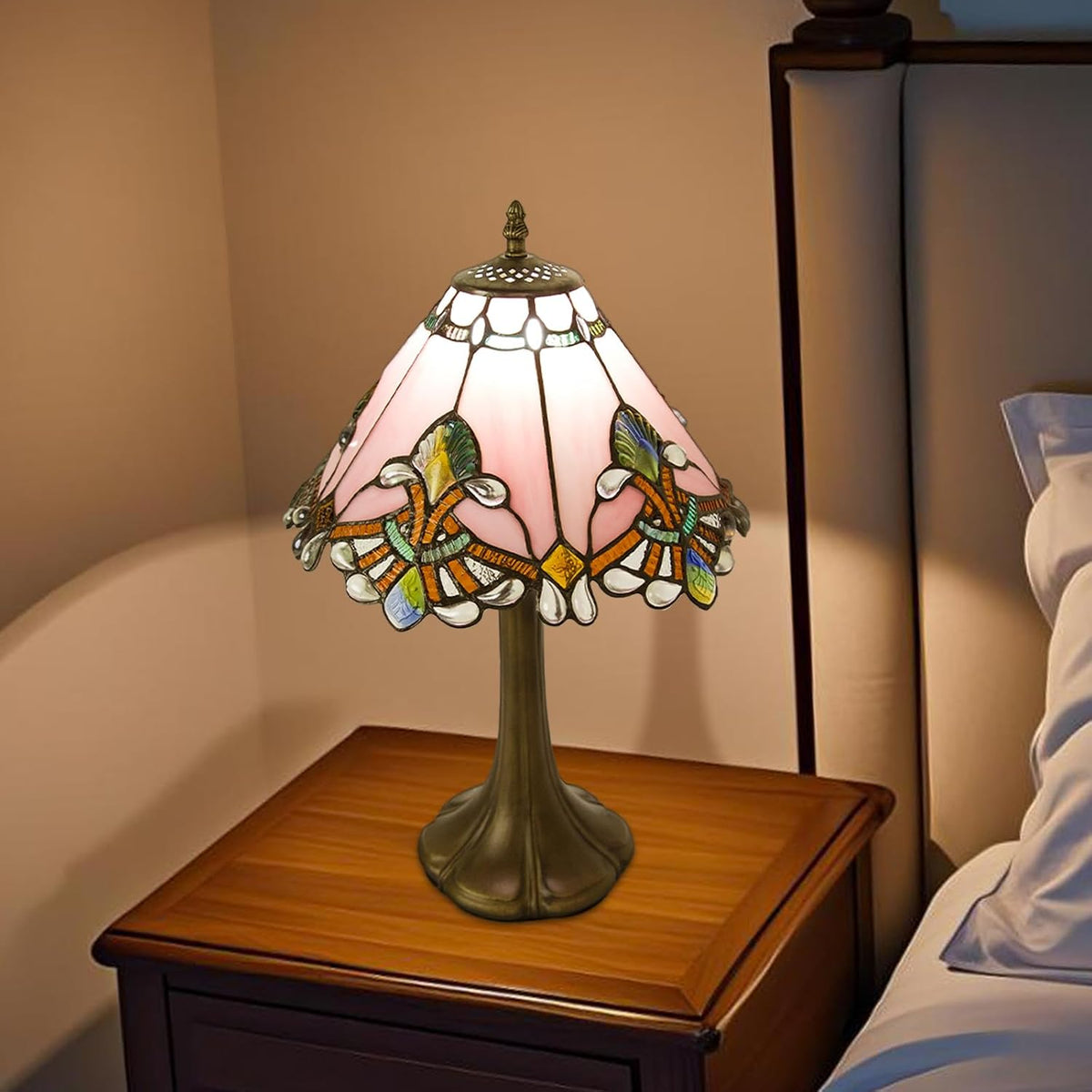 12 inch Tiffany Table Lamp, Pink Baroque Style Stained Glass Lamp