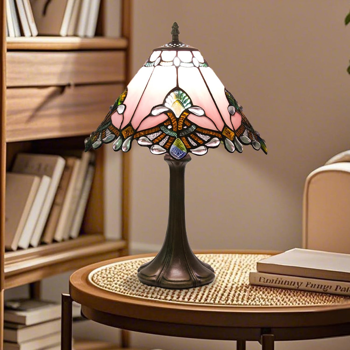 12 inch Tiffany Table Lamp, Pink Baroque Style Stained Glass Lamp