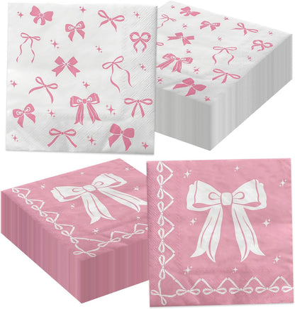 100 Pcs Pink Bow Napkins, Coquette Theme Party Napkins for Pink Bow Birthday Decorations Baby Shower Bridal Coquette Birthday Decorations