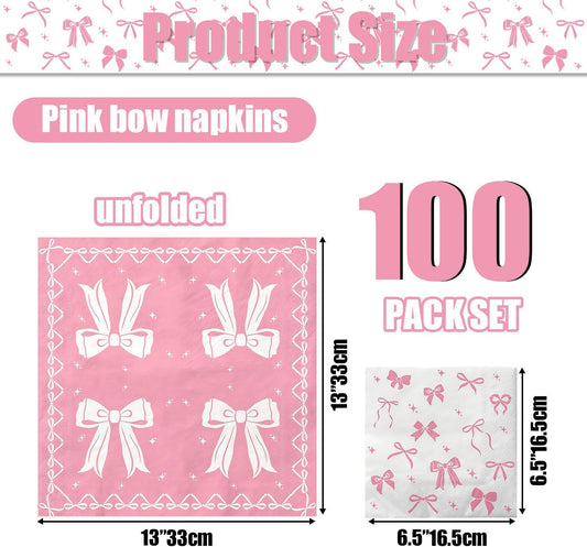 100 Pcs Pink Bow Napkins, Coquette Theme Party Napkins for Pink Bow Birthday Decorations Baby Shower Bridal Coquette Birthday Decorations