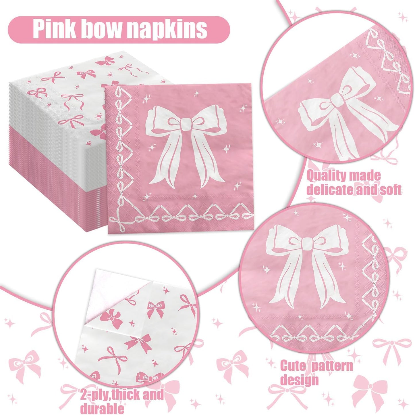 100 Pcs Pink Bow Napkins, Coquette Theme Party Napkins for Pink Bow Birthday Decorations Baby Shower Bridal Coquette Birthday Decorations