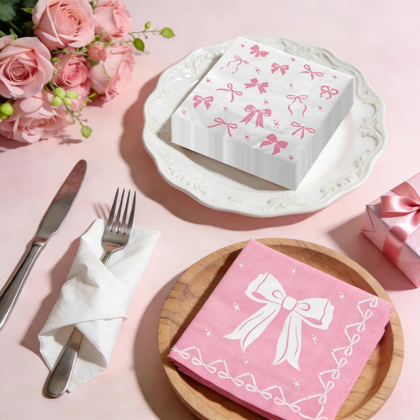 100 Pcs Pink Bow Napkins, Coquette Theme Party Napkins for Pink Bow Birthday Decorations Baby Shower Bridal Coquette Birthday Decorations