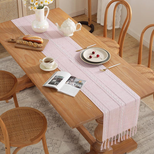Rustic Table Runner with Tassels, Farmhouse Boho Table Runners Braided Striped, Cotton Linen Table Decoration for Dining Party Holiday and Wedding, 94 Inches, Pink