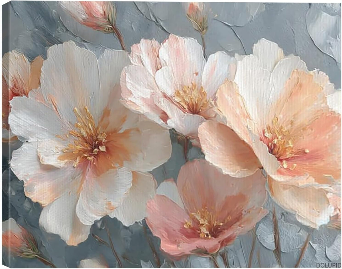 Art Canvas Poster Prints Abstract Floral Painting in Light Peach and Gray Tones Housewarming Gift for Living Room Framed 8x10inch