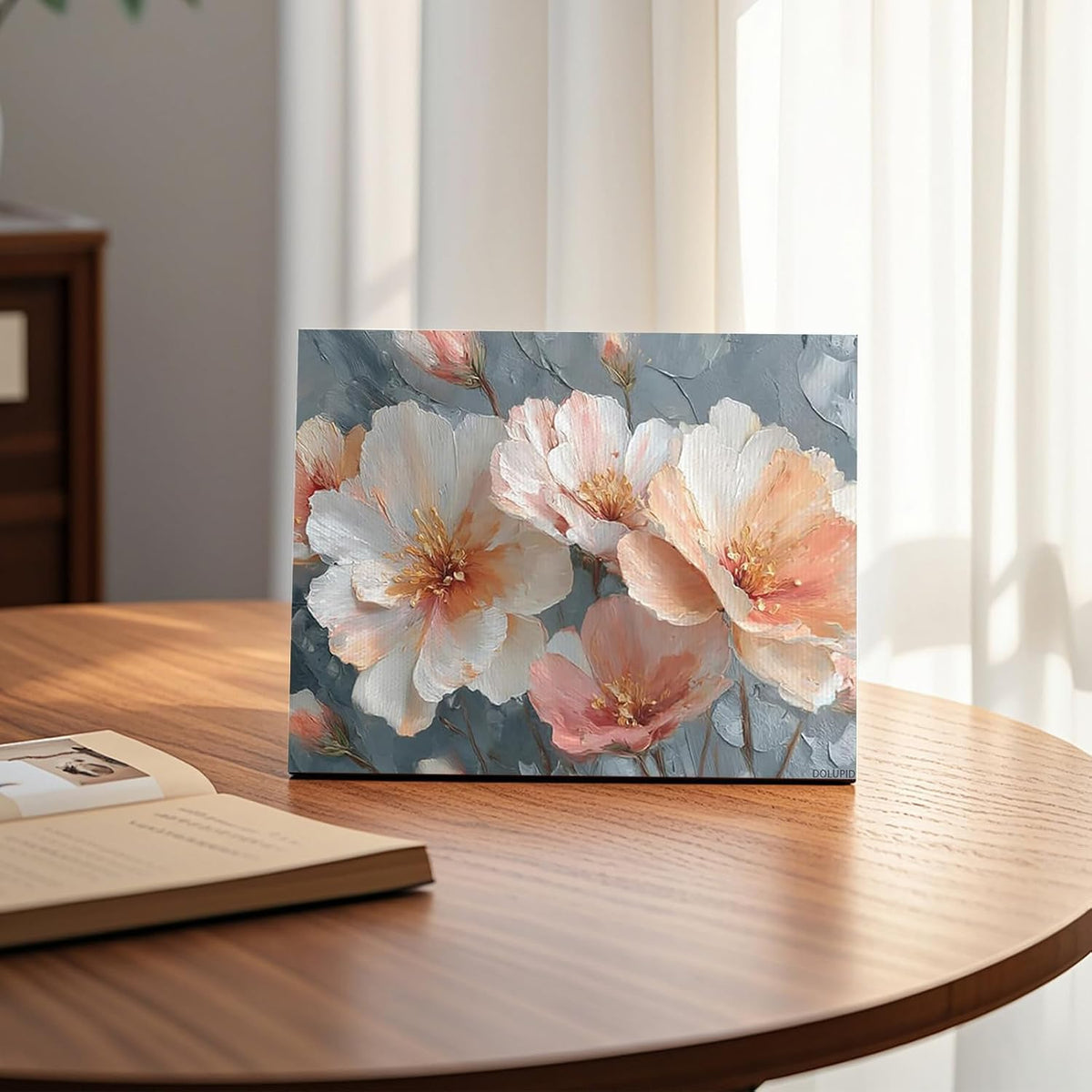Art Canvas Poster Prints Abstract Floral Painting in Light Peach and Gray Tones Housewarming Gift for Living Room Framed 8x10inch
