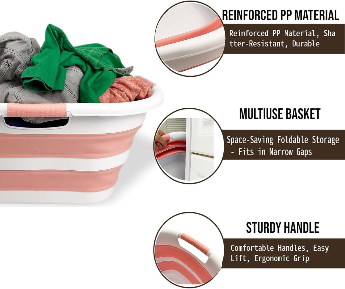 40L (10.5 gallon) Collapsible Plastic Laundry Hamper - Foldable Pop Up Storage Container/Organizer - Portable Washing Tub - Space Saving Basket (1, White/Quartz Pink)