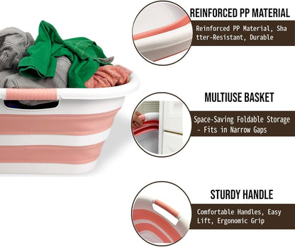 40L (10.5 gallon) Collapsible Plastic Laundry Hamper - Foldable Pop Up Storage Container/Organizer - Portable Washing Tub - Space Saving Basket (1, White/Quartz Pink)