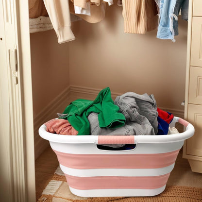 40L (10.5 gallon) Collapsible Plastic Laundry Hamper - Foldable Pop Up Storage Container/Organizer - Portable Washing Tub - Space Saving Basket (1, White/Quartz Pink)