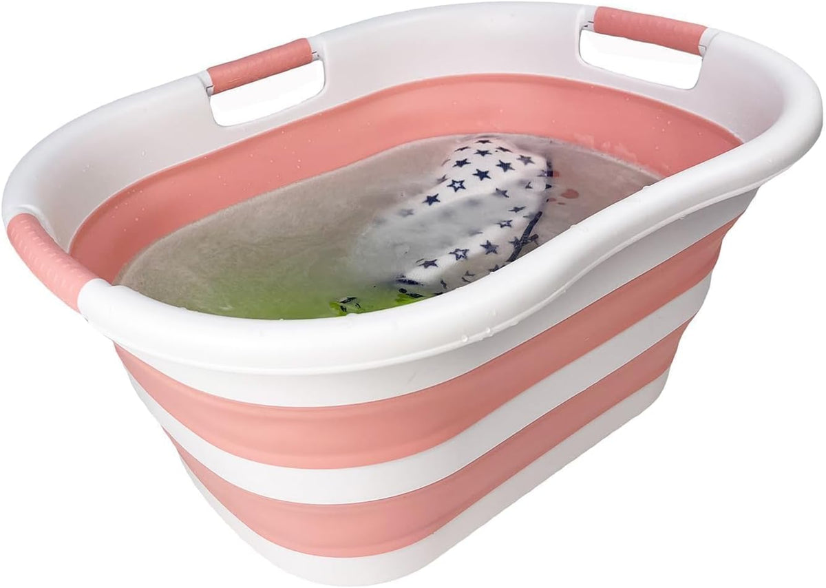 40L (10.5 gallon) Collapsible Plastic Laundry Hamper - Foldable Pop Up Storage Container/Organizer - Portable Washing Tub - Space Saving Basket (1, White/Quartz Pink)