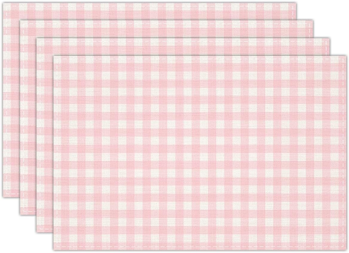 Pink and White Gingham Linen Placemats Set of 4, Waterproof Washable Heat Resistant Place Mats 12x18 Inch, Table Mat for Restaurant Outdoor Indoor Home Kitchen Party Dining Decoration-16
