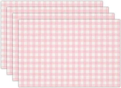 Pink and White Gingham Linen Placemats Set of 4, Waterproof Washable Heat Resistant Place Mats 12x18 Inch, Table Mat for Restaurant Outdoor Indoor Home Kitchen Party Dining Decoration-16