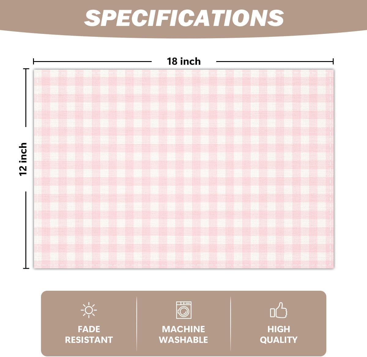 Pink and White Gingham Linen Placemats Set of 4, Waterproof Washable Heat Resistant Place Mats 12x18 Inch, Table Mat for Restaurant Outdoor Indoor Home Kitchen Party Dining Decoration-16