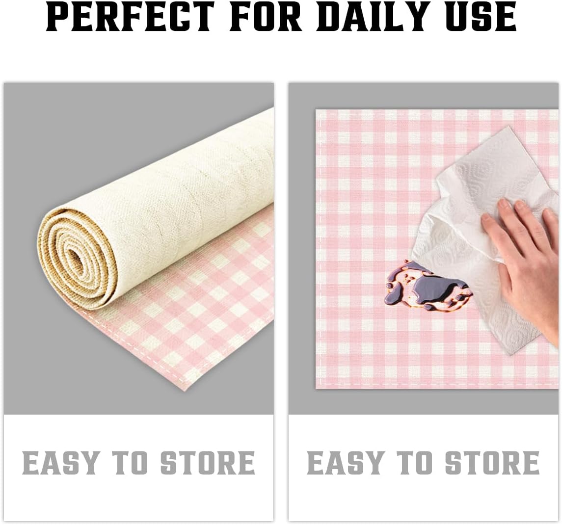 Pink and White Gingham Linen Placemats Set of 4, Waterproof Washable Heat Resistant Place Mats 12x18 Inch, Table Mat for Restaurant Outdoor Indoor Home Kitchen Party Dining Decoration-16