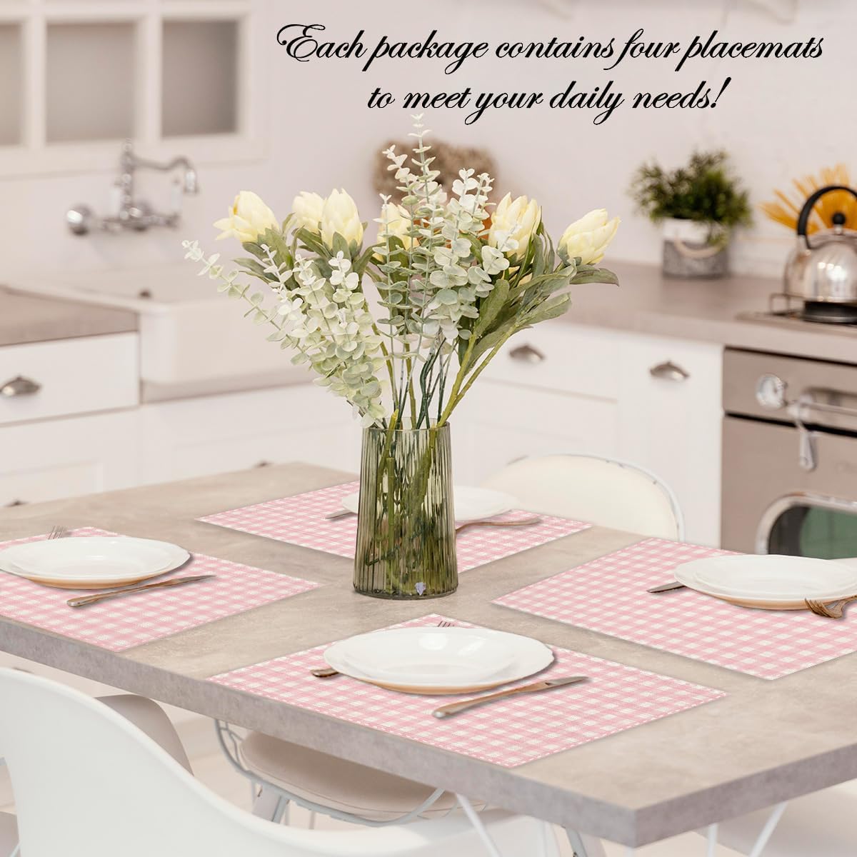 Pink and White Gingham Linen Placemats Set of 4, Waterproof Washable Heat Resistant Place Mats 12x18 Inch, Table Mat for Restaurant Outdoor Indoor Home Kitchen Party Dining Decoration-16