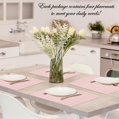 Pink and White Gingham Linen Placemats Set of 4, Waterproof Washable Heat Resistant Place Mats 12x18 Inch, Table Mat for Restaurant Outdoor Indoor Home Kitchen Party Dining Decoration-16