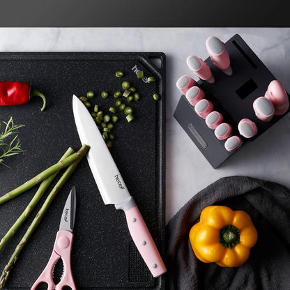 Kitchen Knife Block Set, 14 Pieces Knife Set with Wooden Block & Sharpener Steel & All-purpose Scissors, High Carbon Stainless Steel Cutlery Set (Pink)