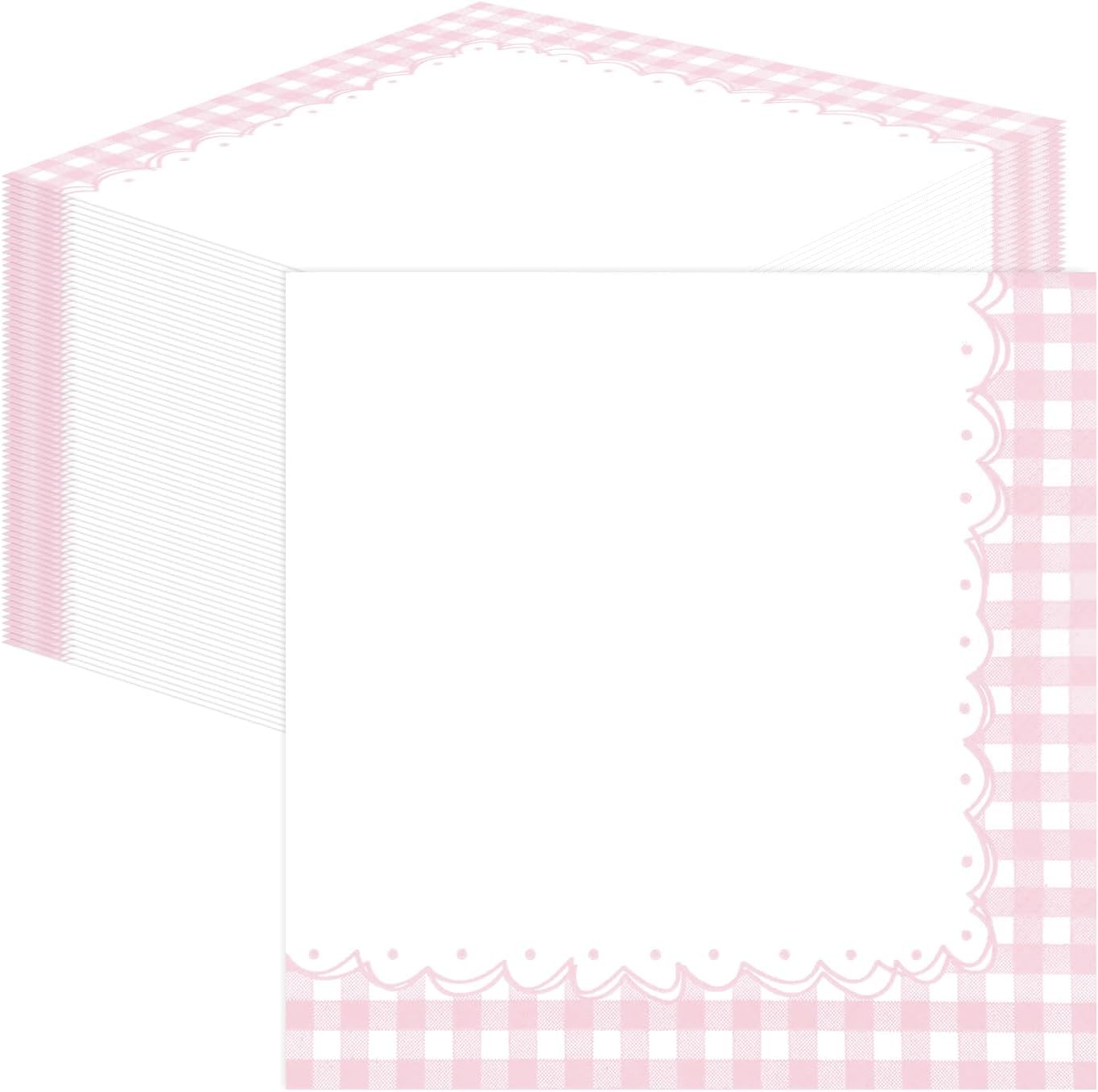 HEIPINIUYE 50 Pieces Light Pink Gingham Cocktail Napkins Paper 3-ply Disposable Pink and White Checkered Dessert Napkins for Dinner Wedding Birthday Baby Shower Party Plaid Beverage Napkin