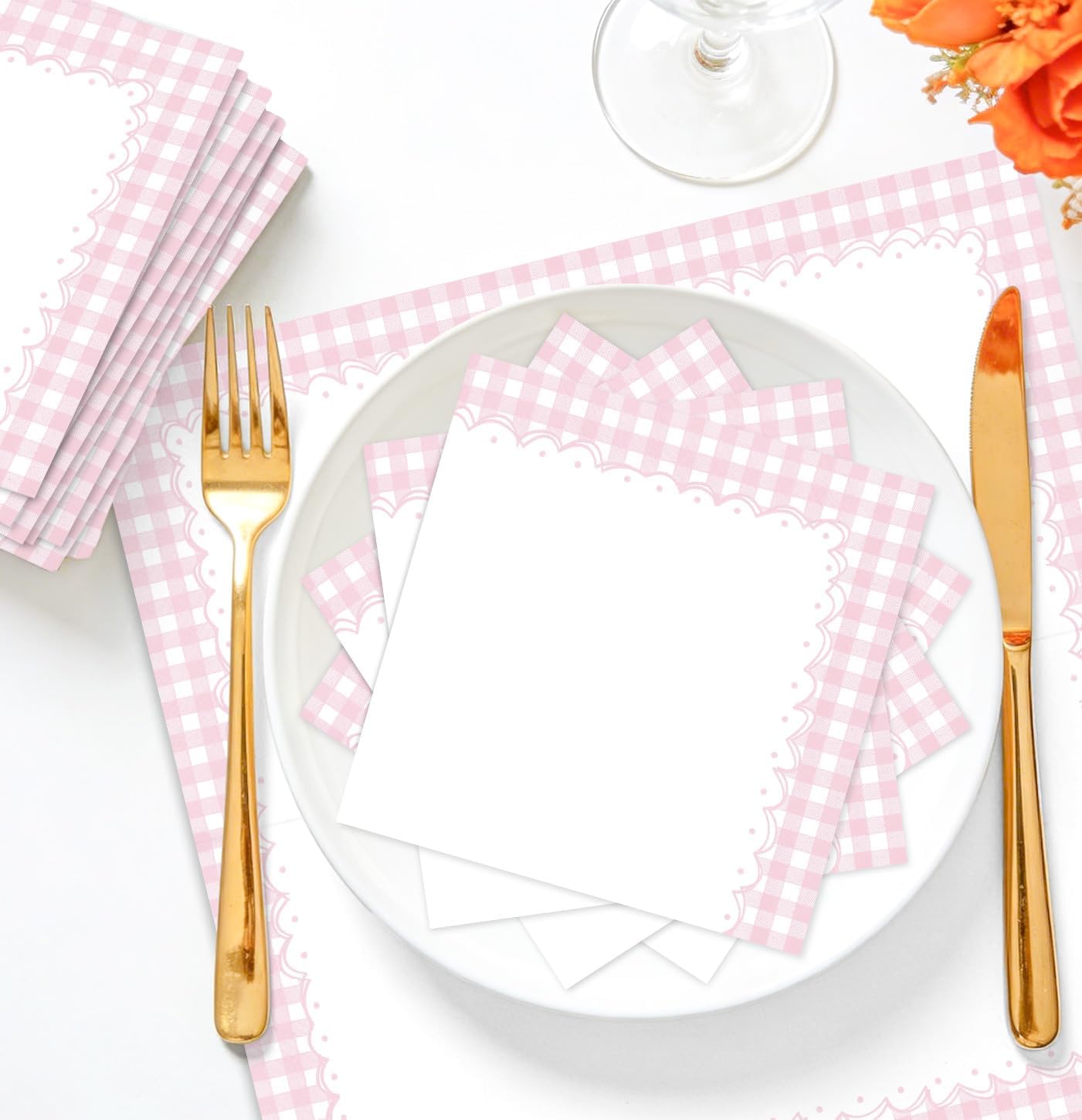 HEIPINIUYE 50 Pieces Light Pink Gingham Cocktail Napkins Paper 3-ply Disposable Pink and White Checkered Dessert Napkins for Dinner Wedding Birthday Baby Shower Party Plaid Beverage Napkin